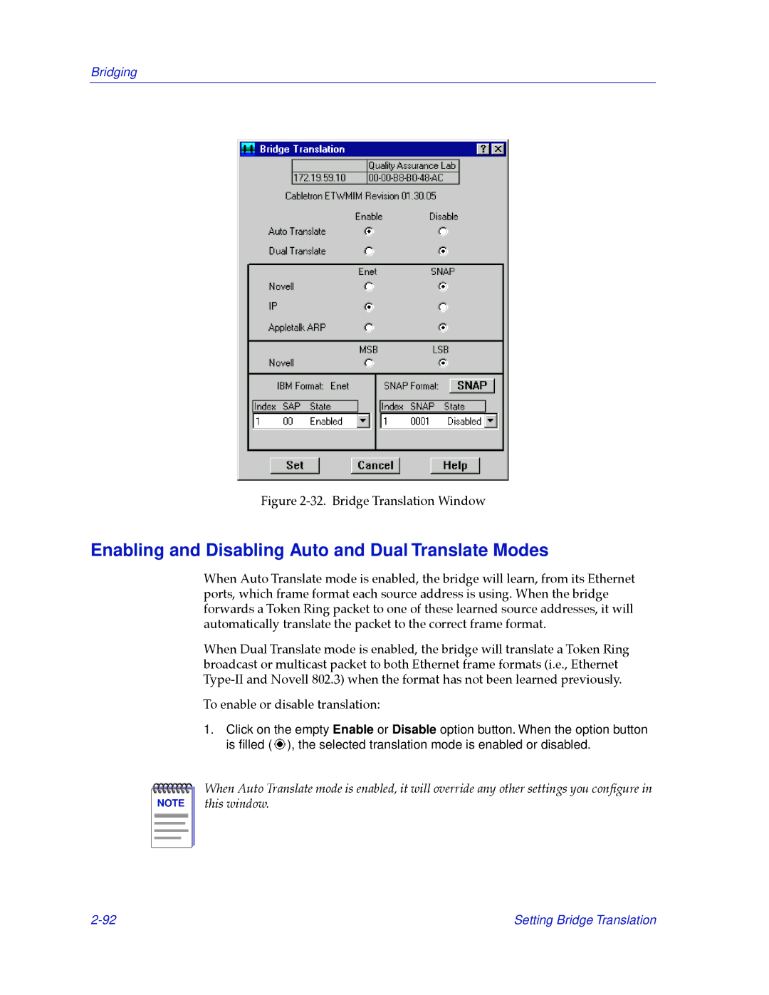 Cabletron Systems 2.2 manual Enabling and Disabling Auto and Dual Translate Modes, Bridge Translation Window 