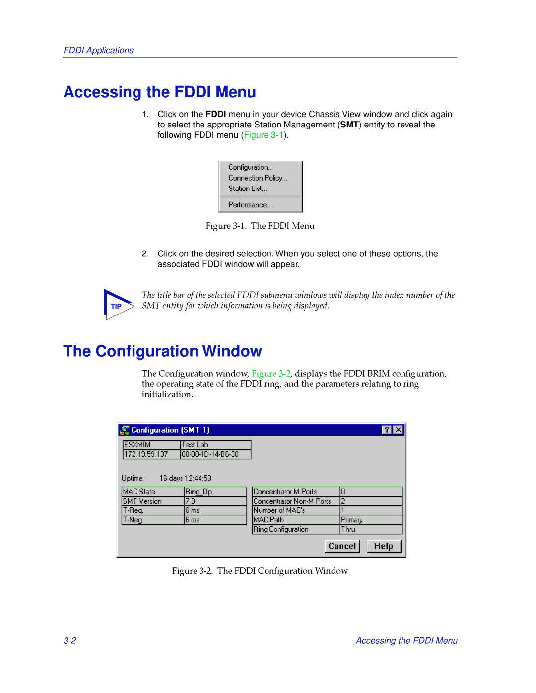 Cabletron Systems 2.2 manual Accessing the Fddi Menu, Conﬁguration Window 