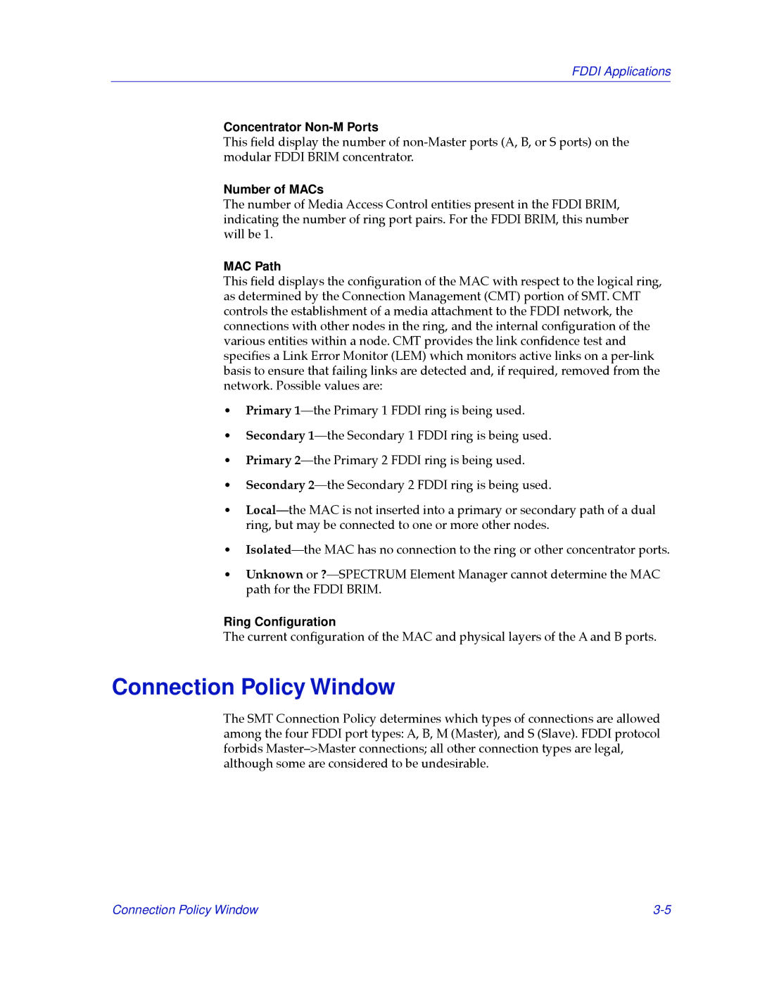 Cabletron Systems 2.2 Connection Policy Window, Concentrator Non-M Ports, Number of MACs, MAC Path, Ring Conﬁguration 