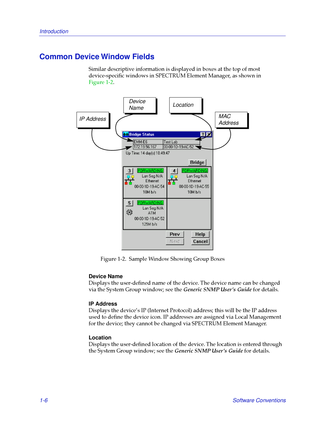 Cabletron Systems 2.2 manual Common Device Window Fields, Device Name, IP Address, Location 