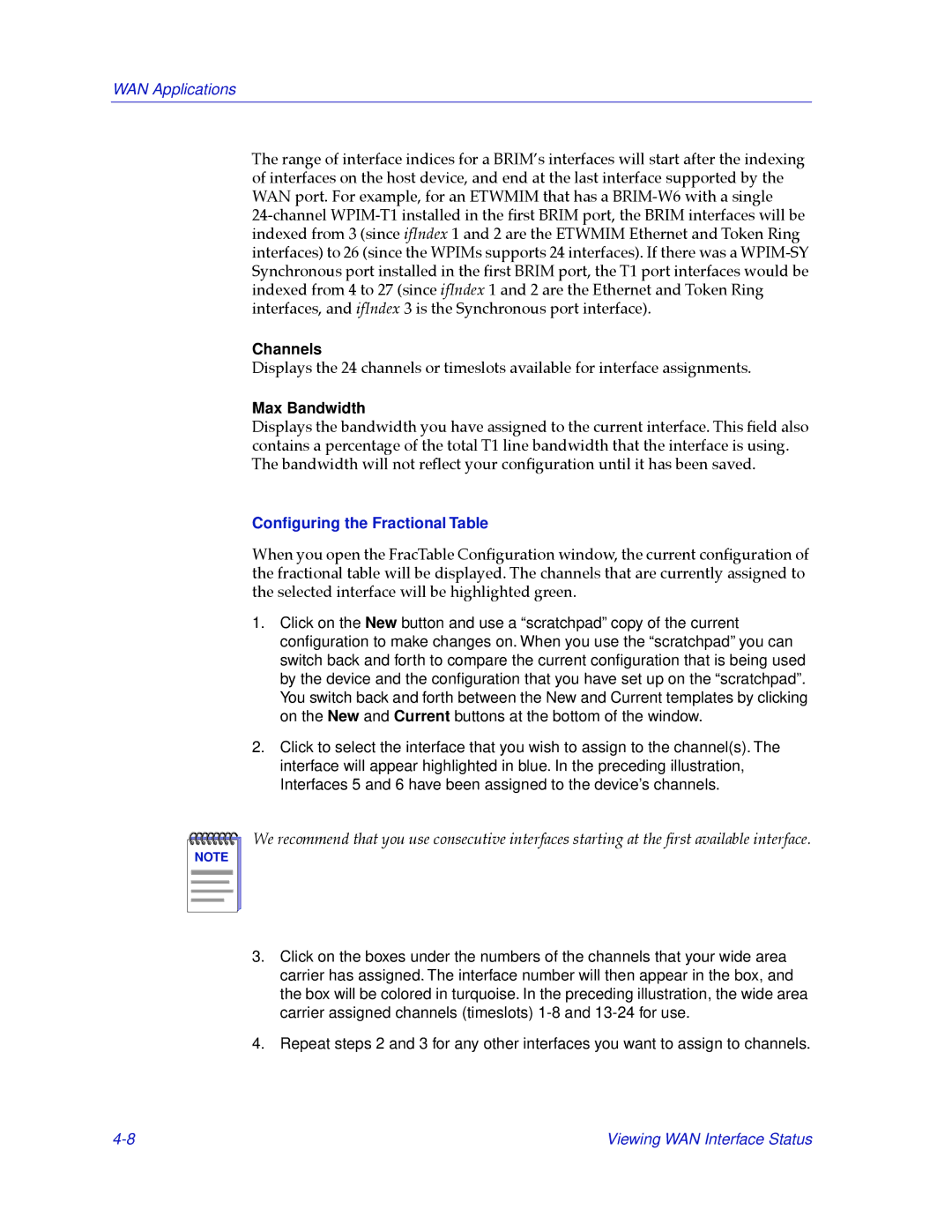 Cabletron Systems 2.2 manual Channels, Max Bandwidth, Conﬁguring the Fractional Table 