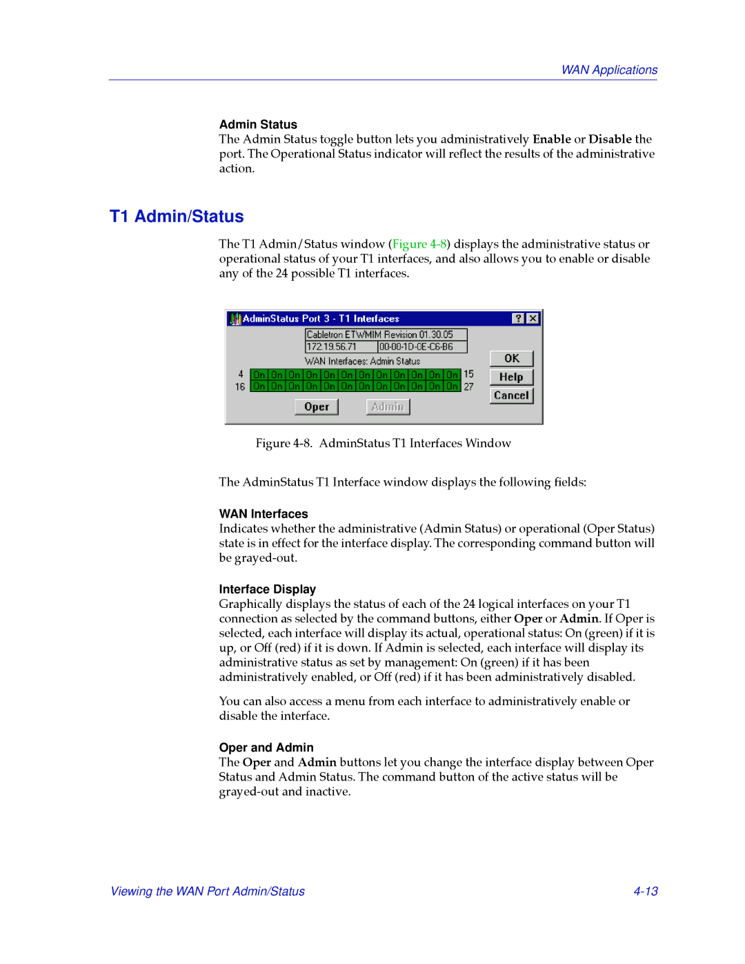 Cabletron Systems 2.2 manual T1 Admin/Status, Admin Status, WAN Interfaces, Interface Display, Oper and Admin 