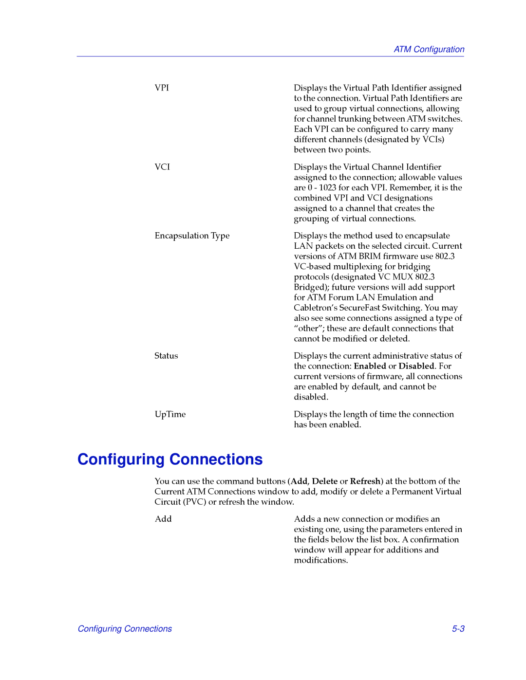 Cabletron Systems 2.2 manual Conﬁguring Connections, Vpi 