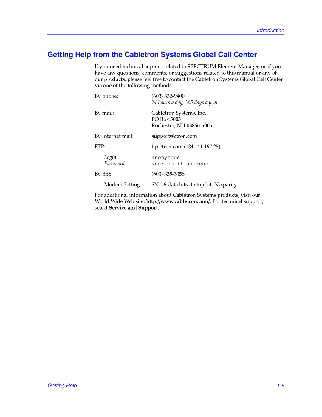 Cabletron Systems 2.2 manual Getting Help from the Cabletron Systems Global Call Center, Hours a day, 365 days a year 