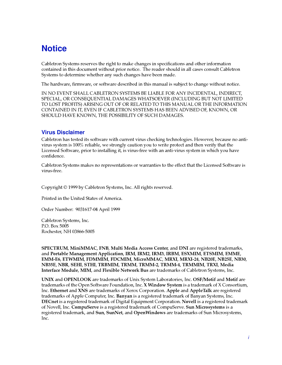 Cabletron Systems 2.2 manual Virus Disclaimer 