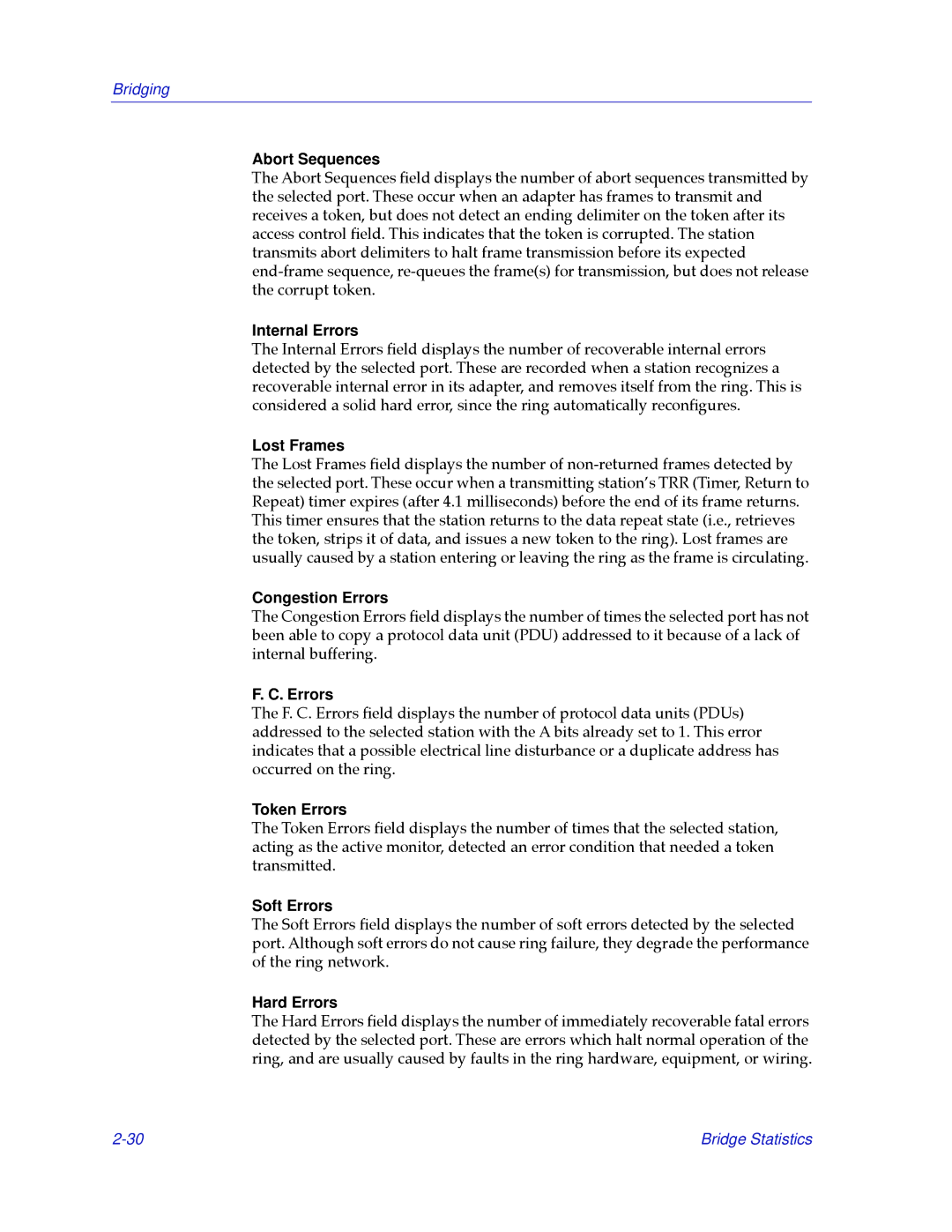 Cabletron Systems 2.2 manual Abort Sequences, Internal Errors, Lost Frames, Congestion Errors, Token Errors, Soft Errors 