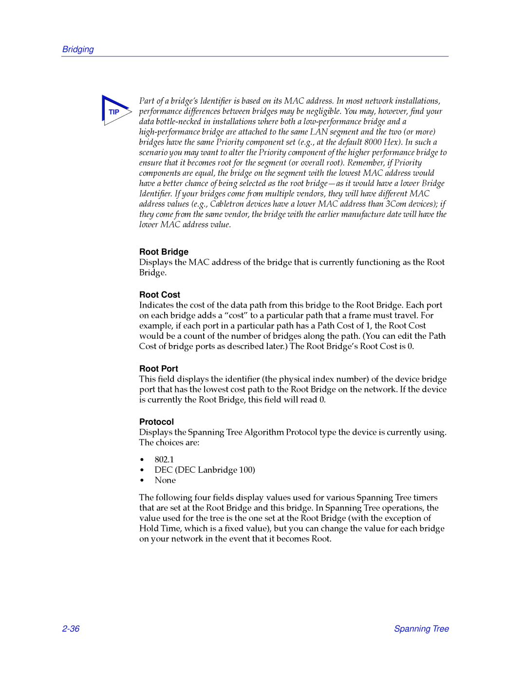 Cabletron Systems 2.2 manual Root Bridge, Root Cost, Root Port, Protocol 