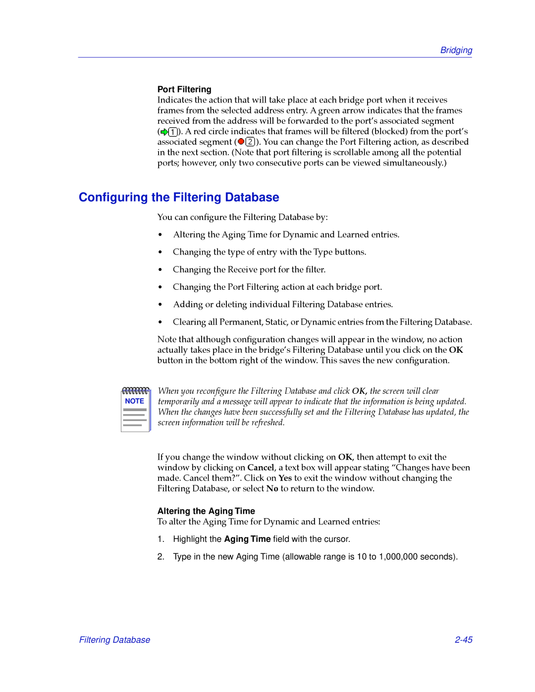 Cabletron Systems 2.2 manual Conﬁguring the Filtering Database, Port Filtering, Altering the Aging Time 