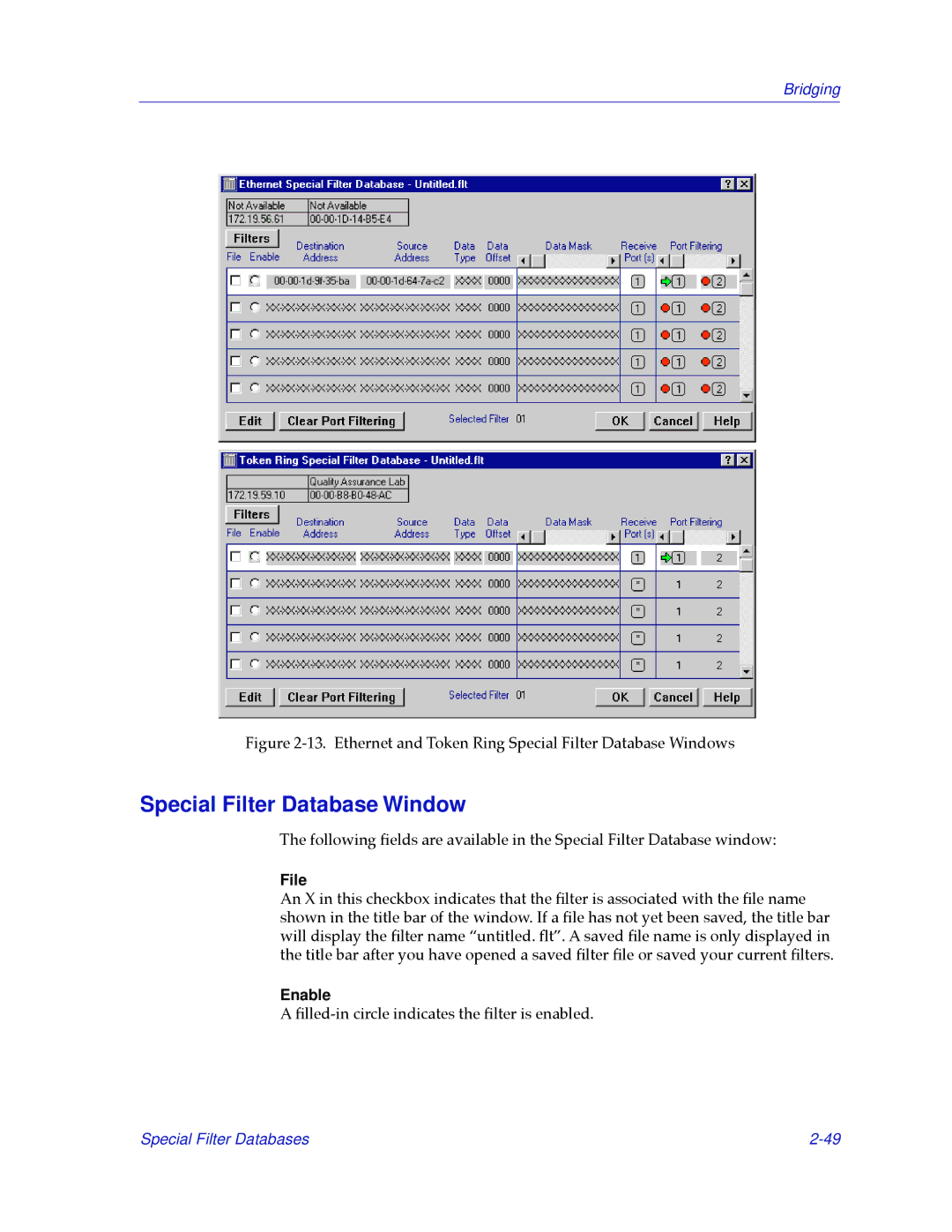 Cabletron Systems 2.2 manual Special Filter Database Window, File, Enable 