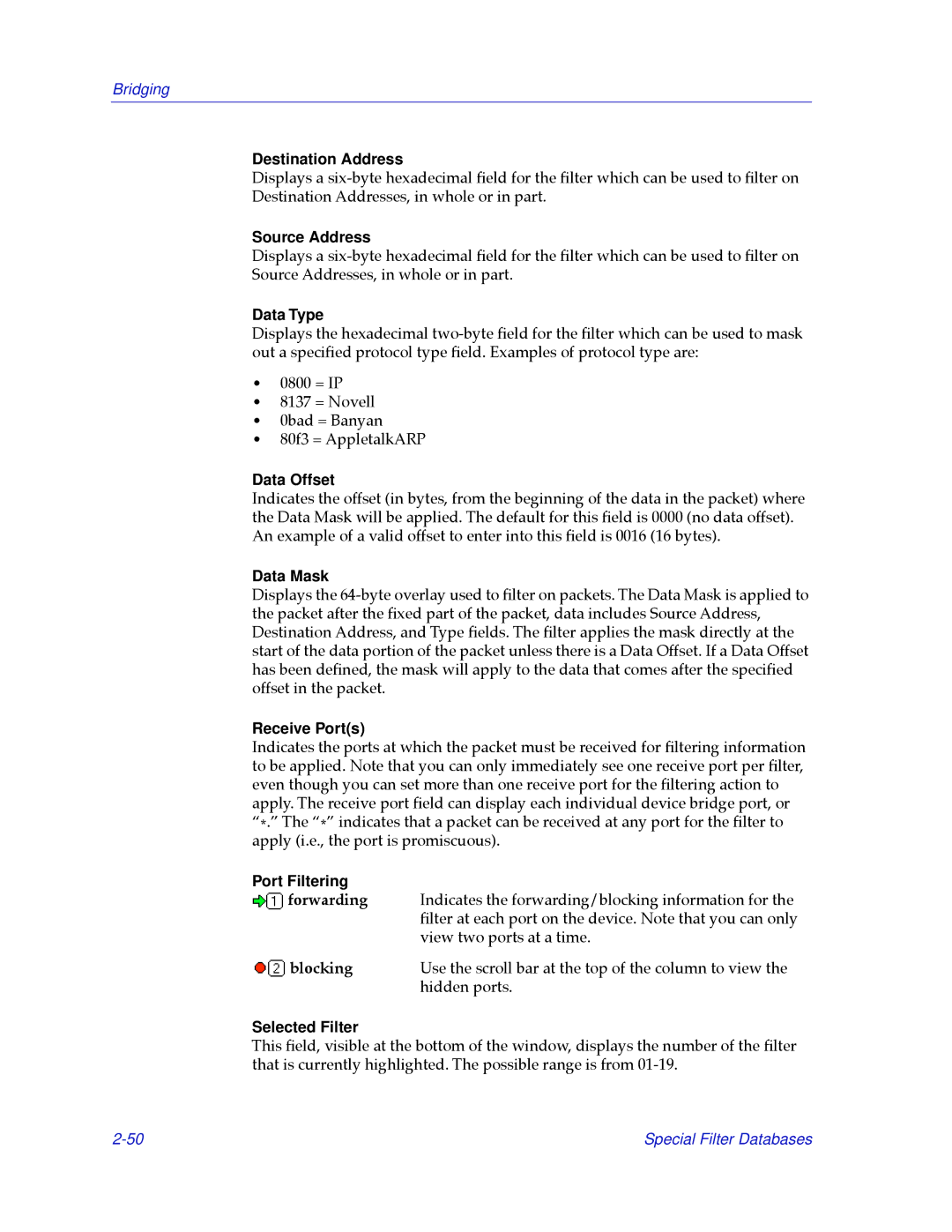 Cabletron Systems 2.2 manual Destination Address, Source Address, Data Type, Data Offset, Data Mask, Receive Ports 