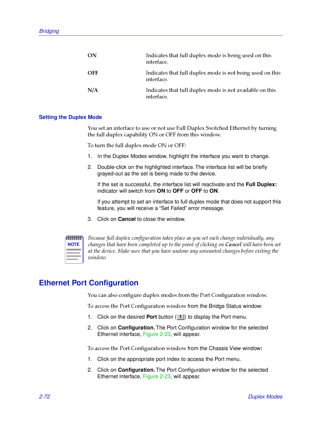 Cabletron Systems 2.2 manual Ethernet Port Conﬁguration, Setting the Duplex Mode 