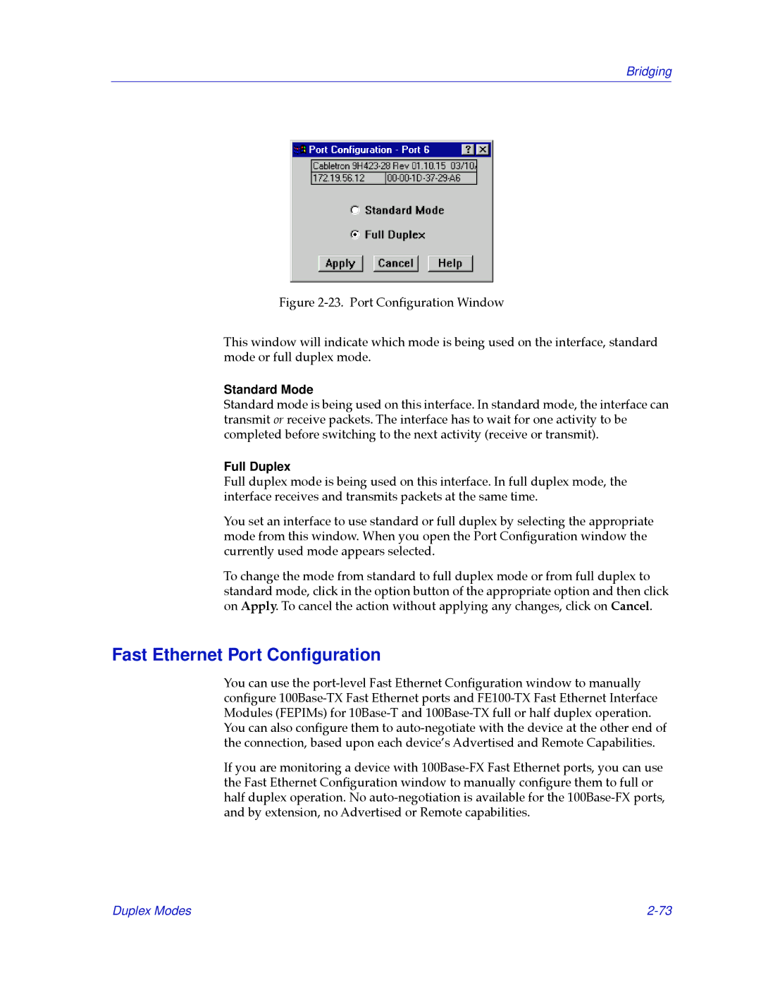 Cabletron Systems 2.2 manual Fast Ethernet Port Conﬁguration, Standard Mode 