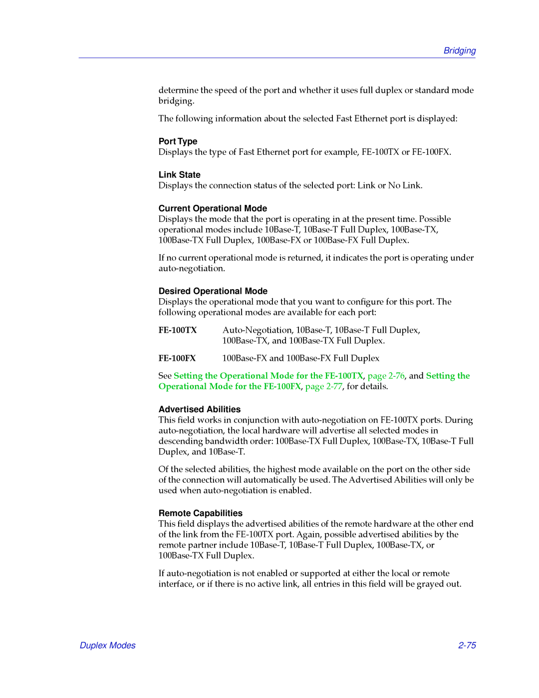 Cabletron Systems 2.2 Port Type, Link State, Current Operational Mode, Desired Operational Mode, Advertised Abilities 