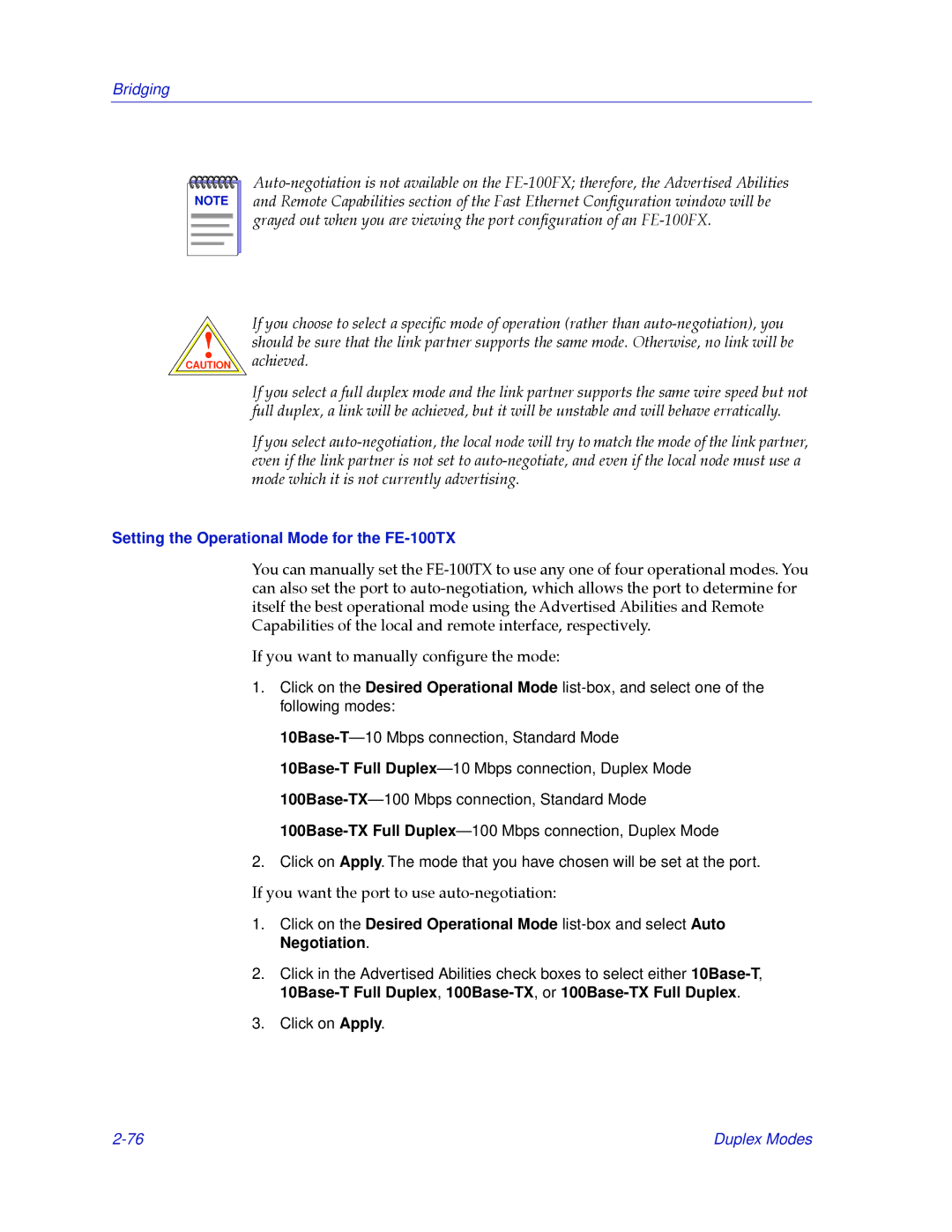 Cabletron Systems 2.2 manual Setting the Operational Mode for the FE-100TX 