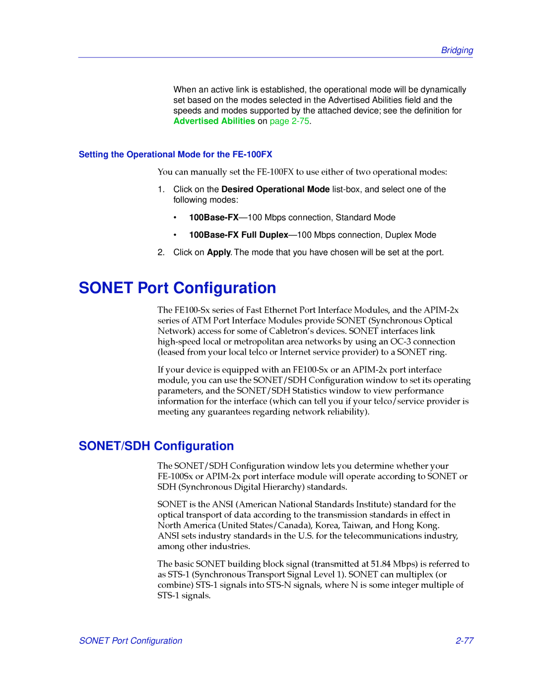 Cabletron Systems 2.2 manual Sonet Port Conﬁguration, SONET/SDH Conﬁguration, Setting the Operational Mode for the FE-100FX 