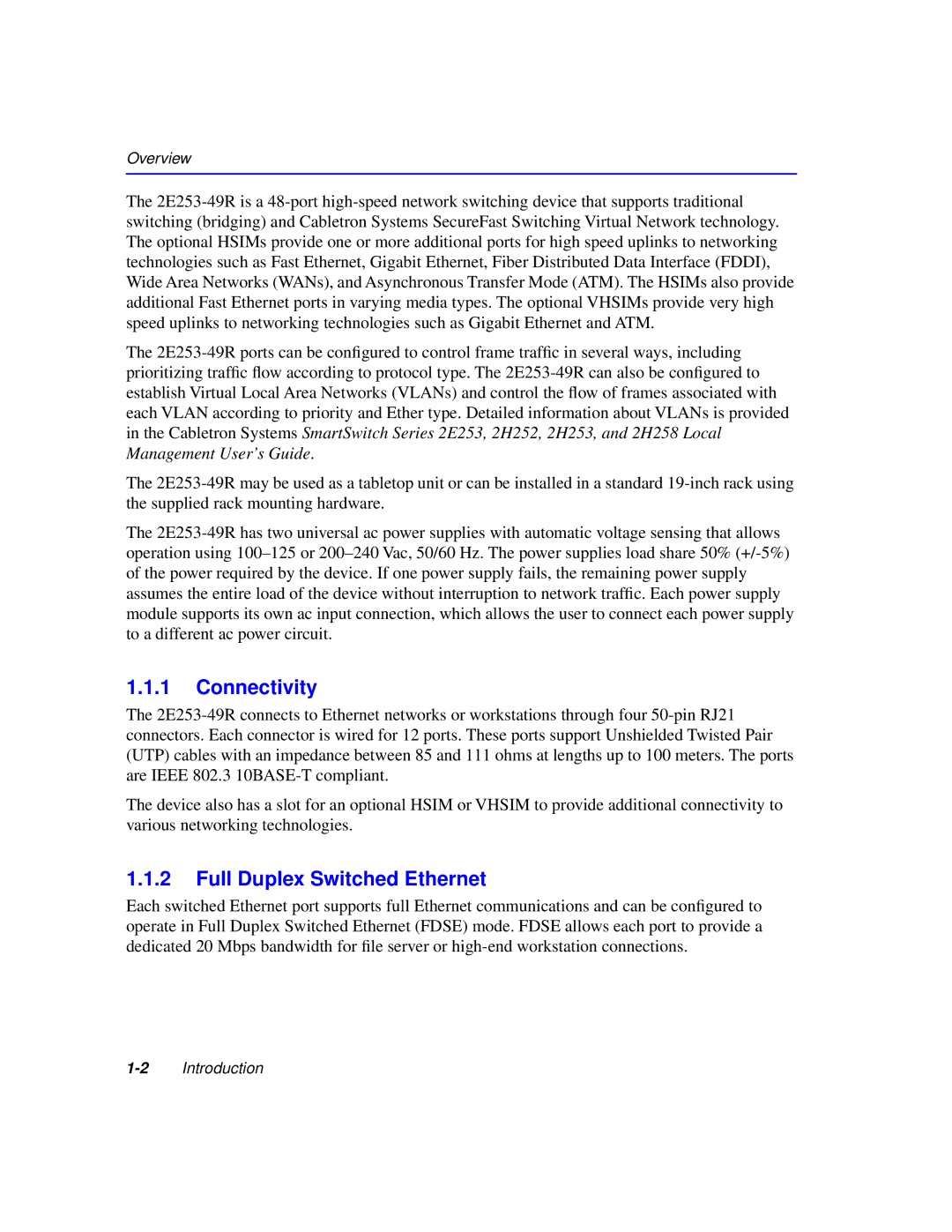 Cabletron Systems 2200 manual Connectivity, Full Duplex Switched Ethernet 