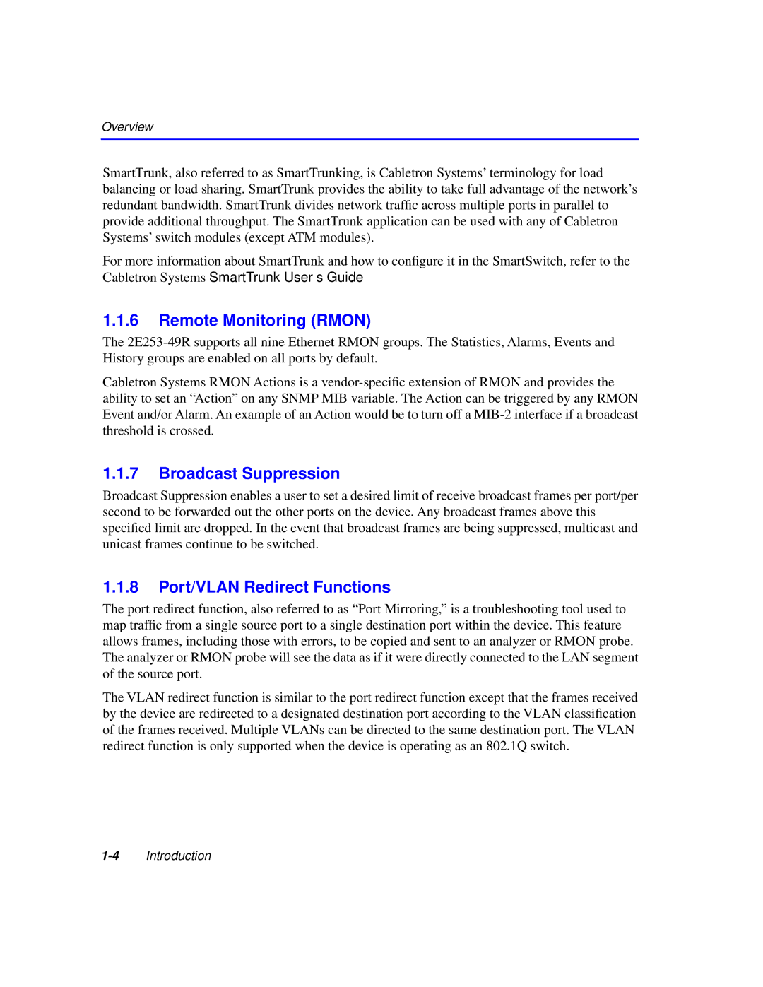 Cabletron Systems 2200 manual Remote Monitoring Rmon, Broadcast Suppression, Port/VLAN Redirect Functions 