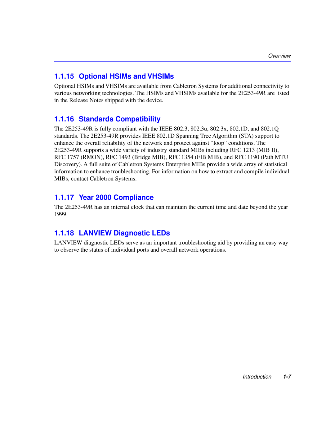 Cabletron Systems 2200 Optional HSIMs and VHSIMs, Standards Compatibility, Year 2000 Compliance, Lanview Diagnostic LEDs 