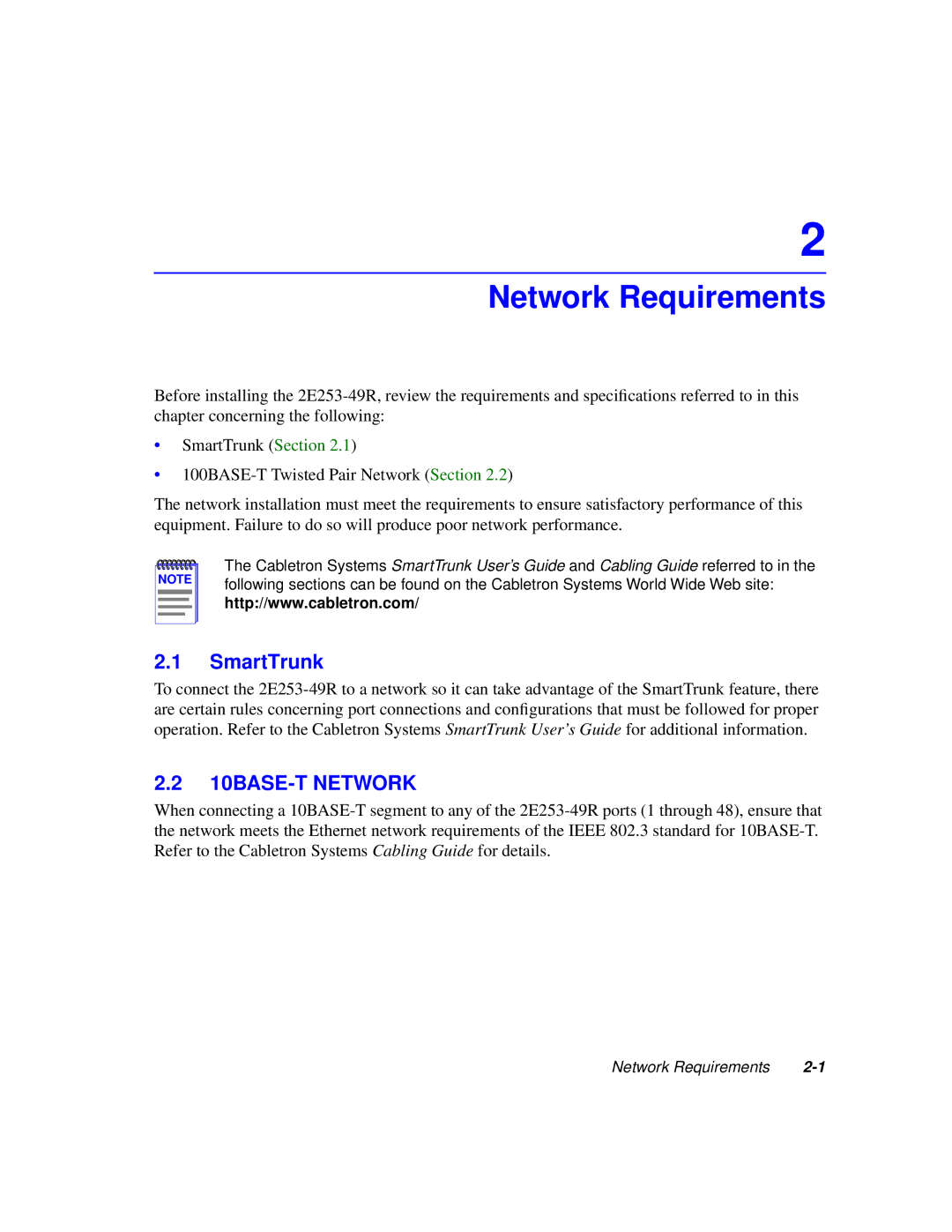 Cabletron Systems 2200 manual Network Requirements, 10BASE-T Network 