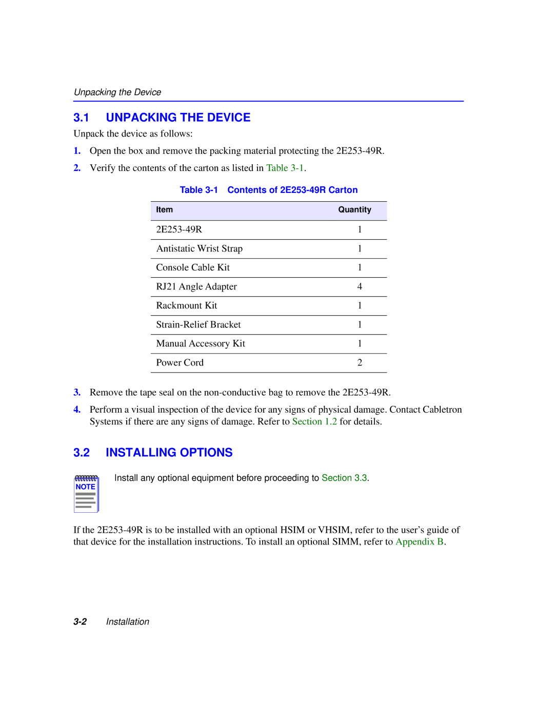 Cabletron Systems 2200 manual Unpacking the Device, Installing Options 