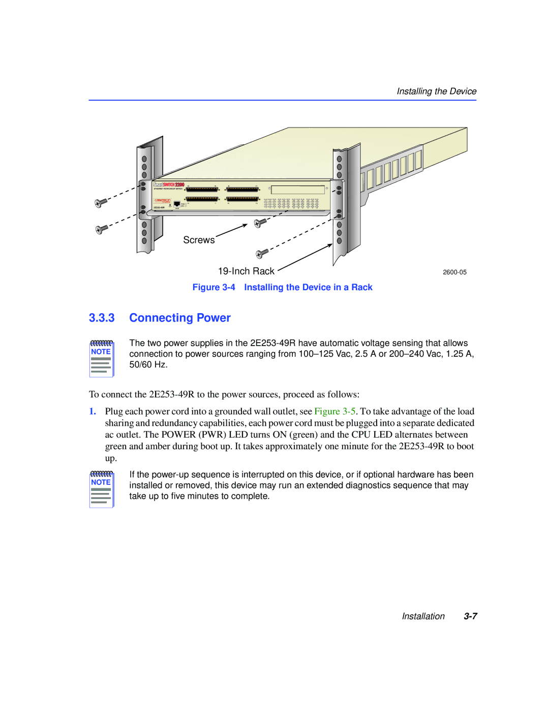 Cabletron Systems 2200 manual Connecting Power, Installing the Device in a Rack 