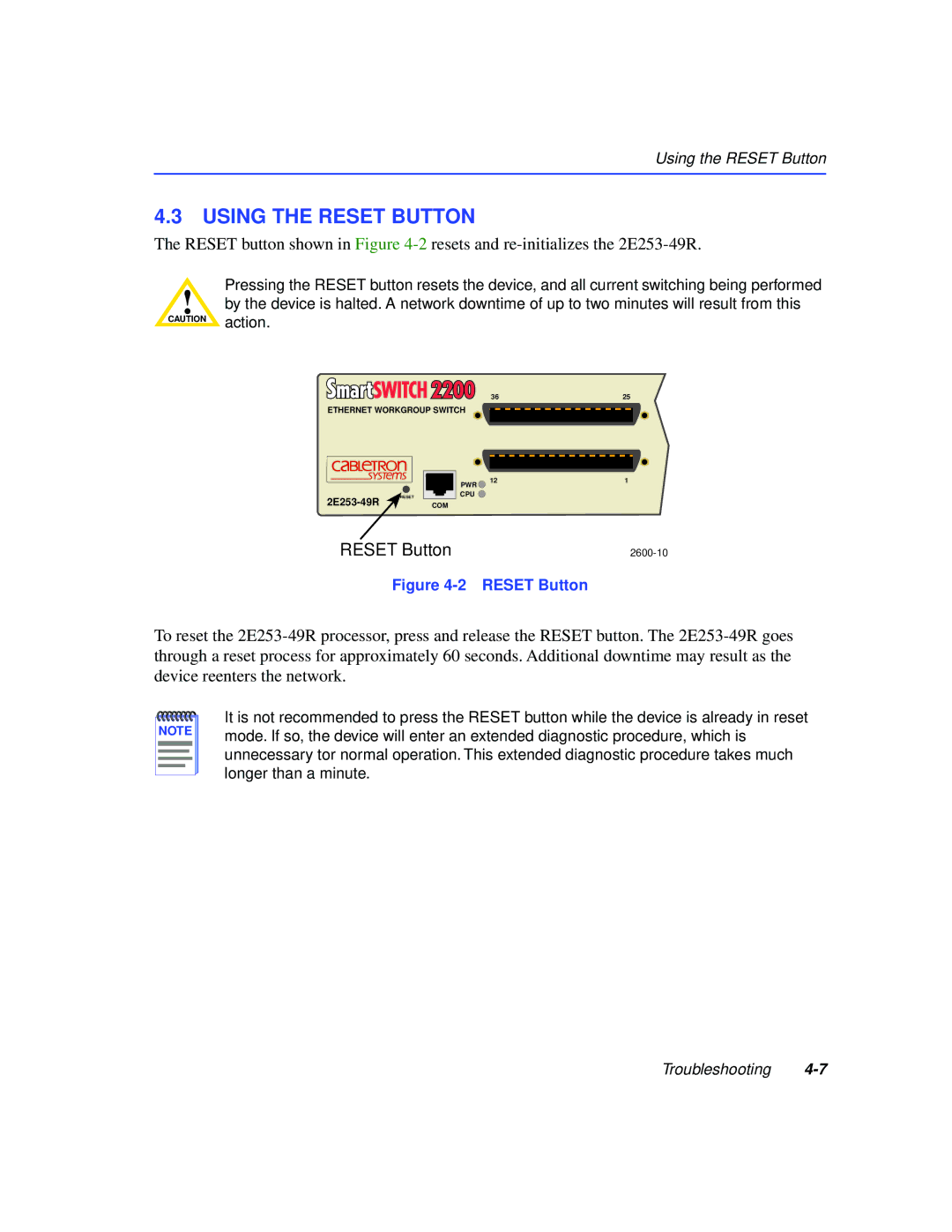 Cabletron Systems 2200 manual Using the Reset Button 