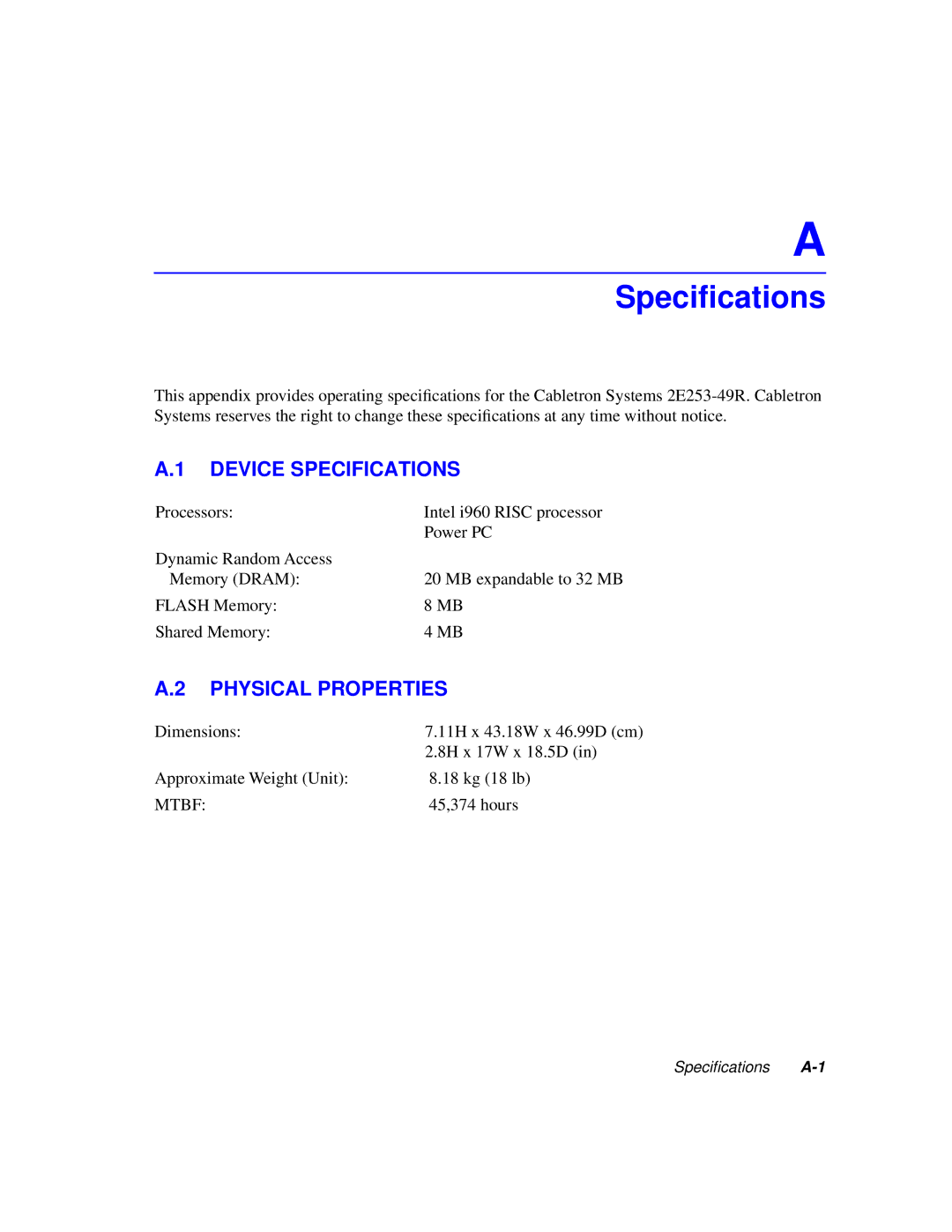 Cabletron Systems 2200 manual Speciﬁcations, Device Specifications, Physical Properties 