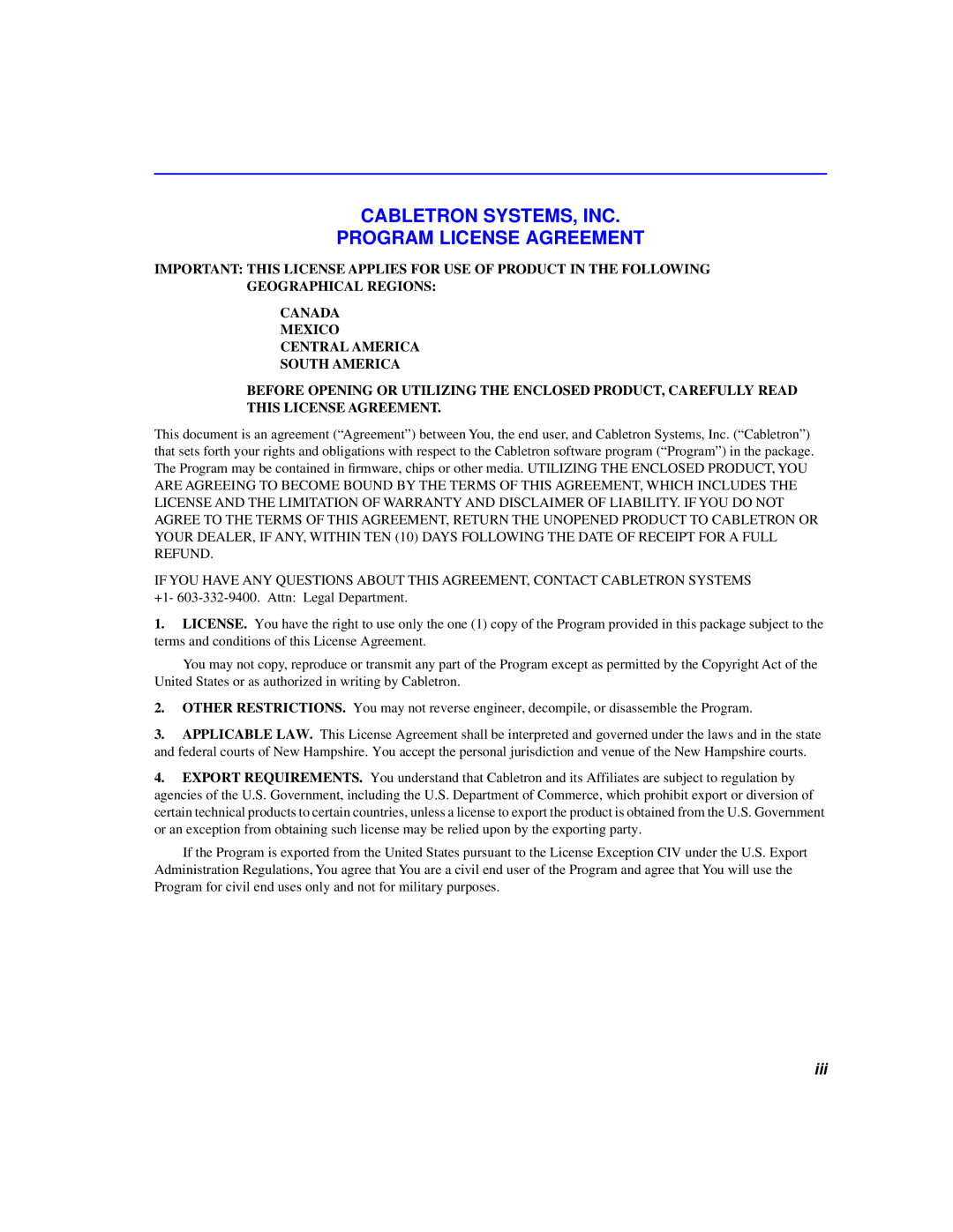 Cabletron Systems 2200 manual Cabletron SYSTEMS, INC Program License Agreement 