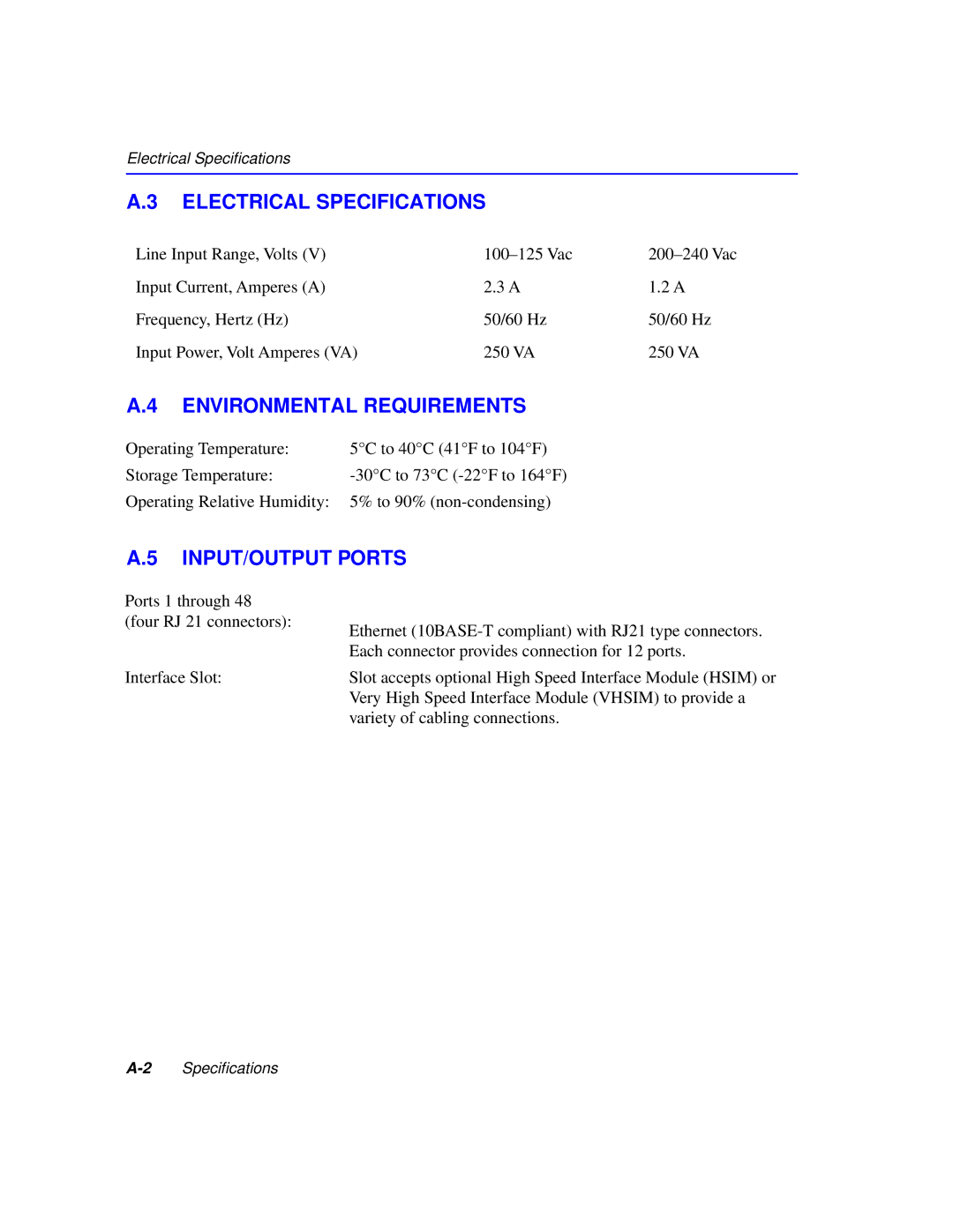 Cabletron Systems 2200 manual Electrical Specifications, Environmental Requirements, INPUT/OUTPUT Ports 