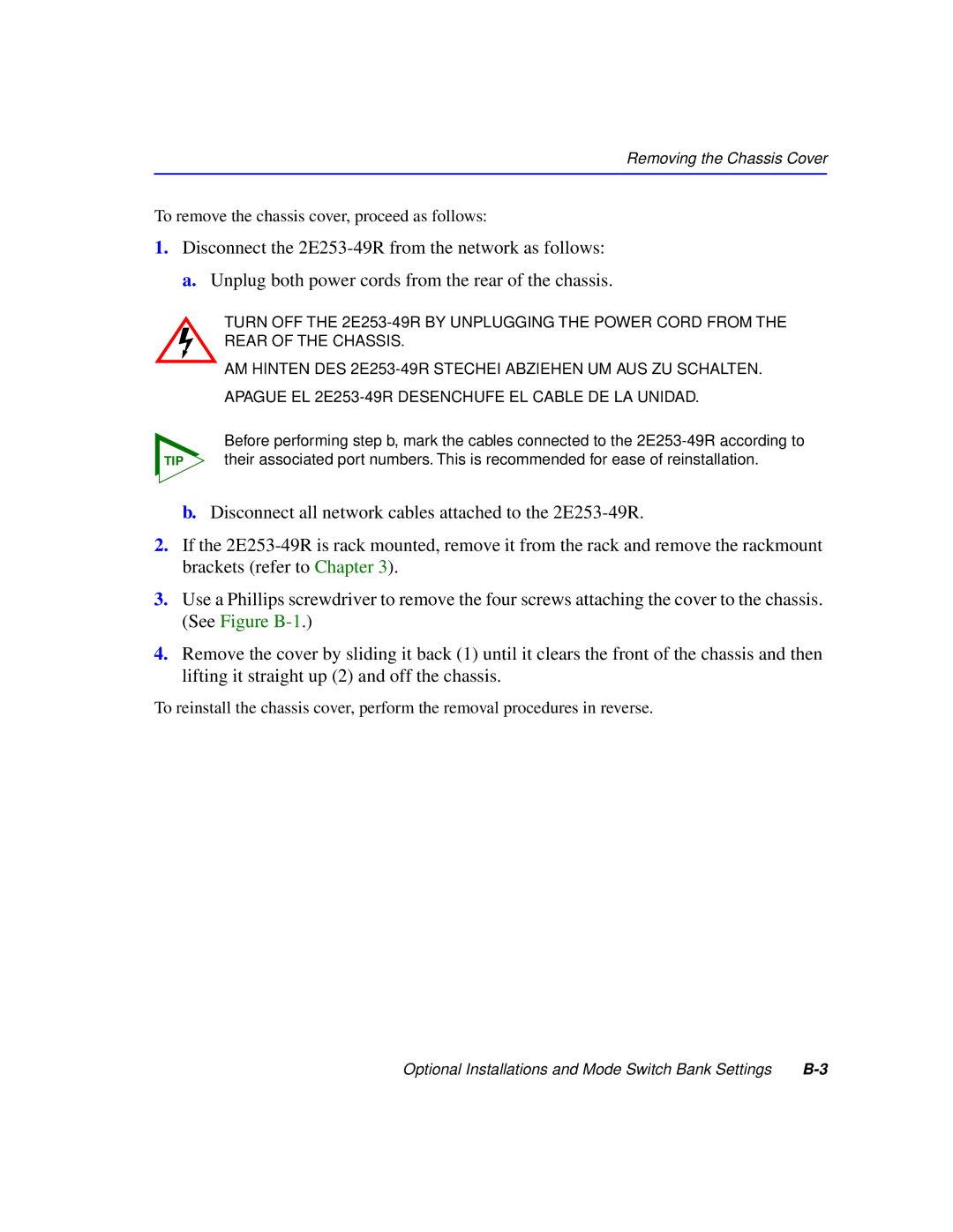 Cabletron Systems 2200 manual To remove the chassis cover, proceed as follows 