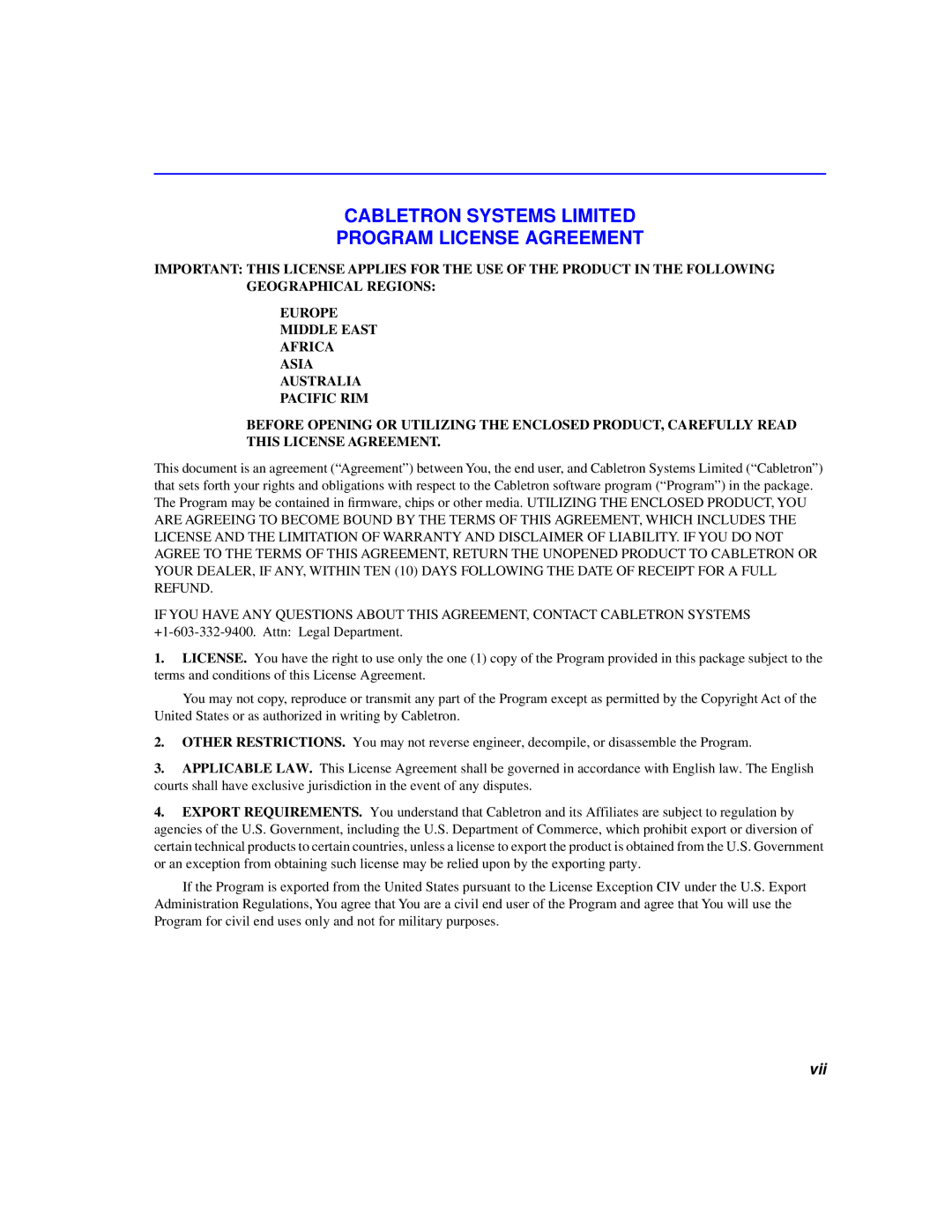 Cabletron Systems 2200 manual Cabletron Systems Limited Program License Agreement 