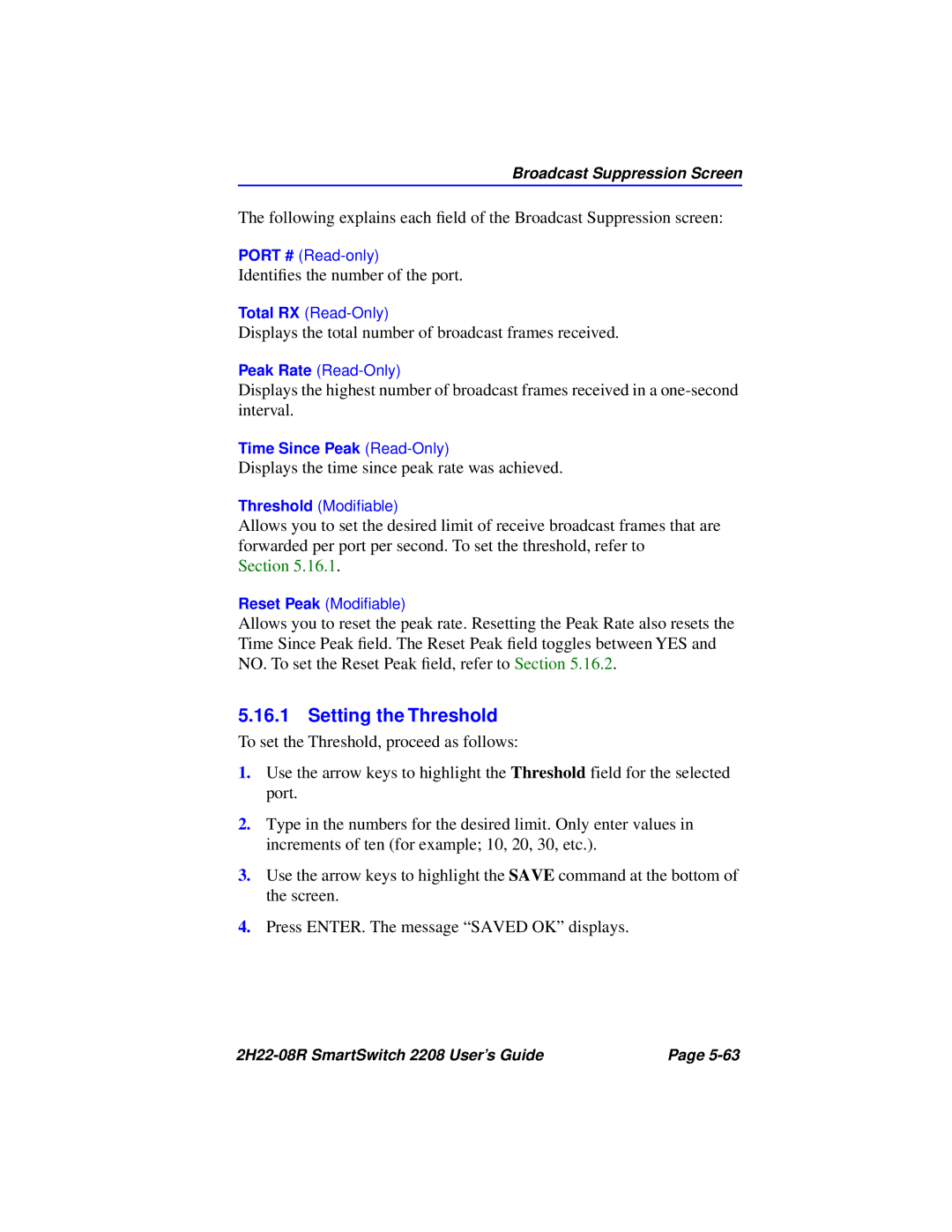 Cabletron Systems 2208 manual Setting the Threshold, Section 