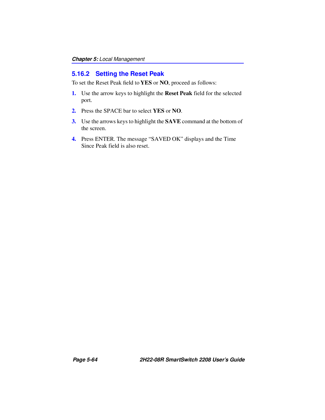 Cabletron Systems 2208 manual Setting the Reset Peak 