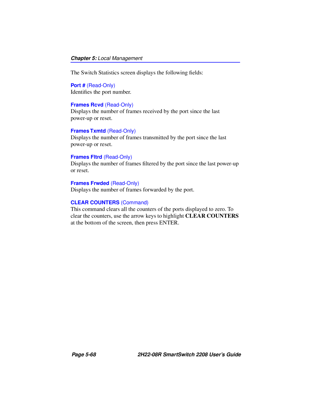 Cabletron Systems 2208 manual Switch Statistics screen displays the following ﬁelds 