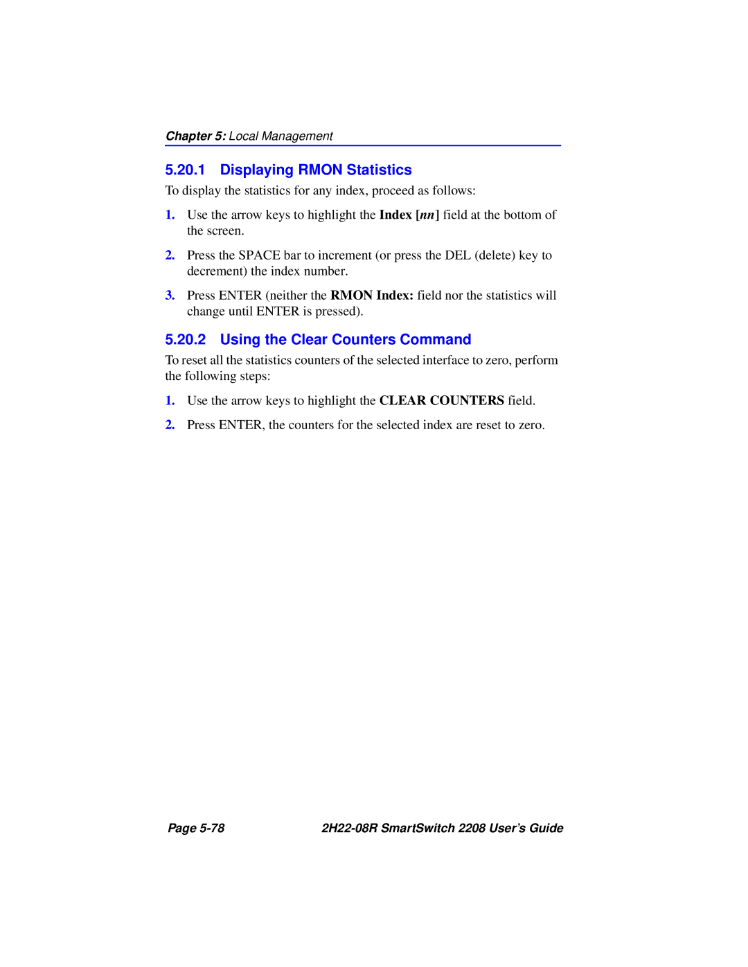 Cabletron Systems 2208 manual Displaying Rmon Statistics, Using the Clear Counters Command 