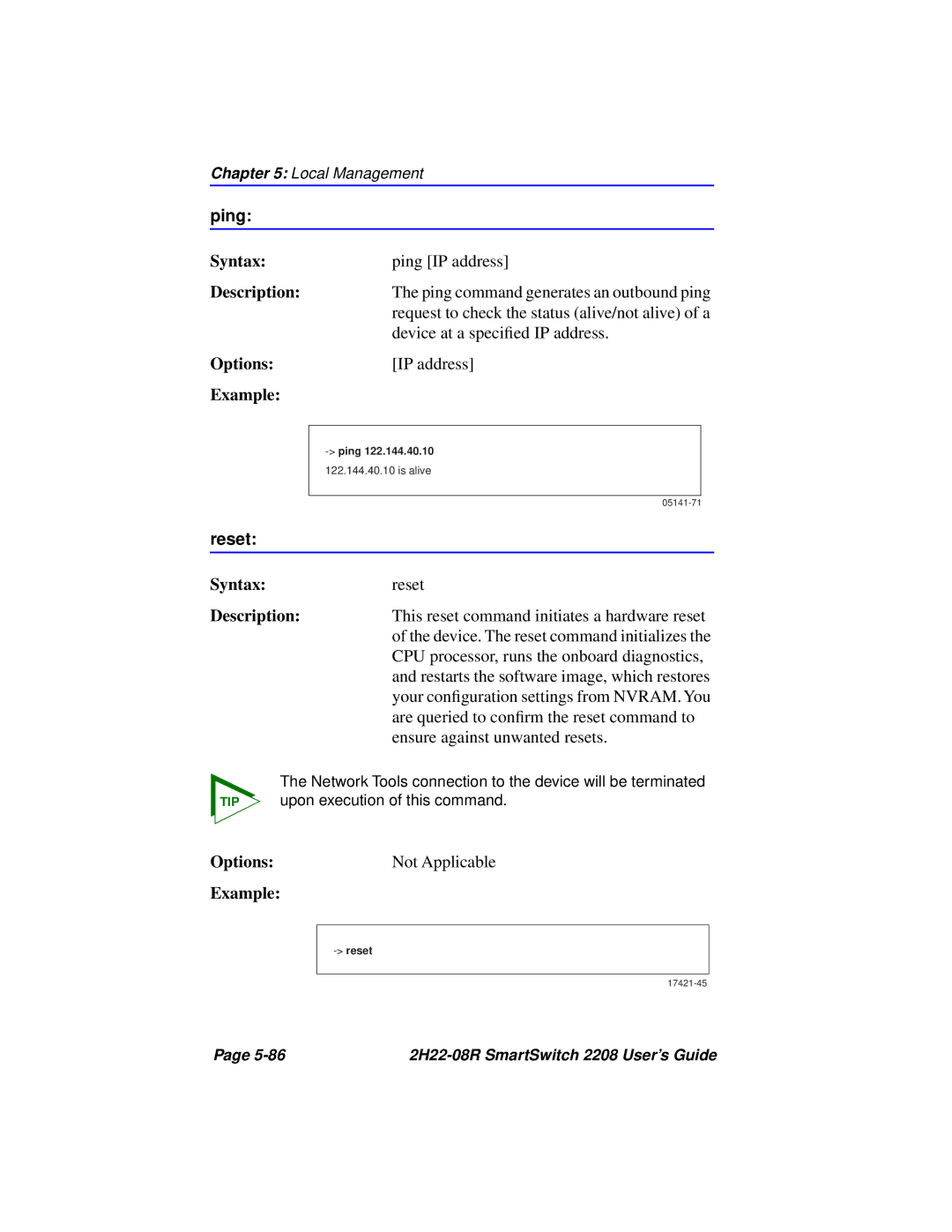 Cabletron Systems 2208 manual Ping, Reset 