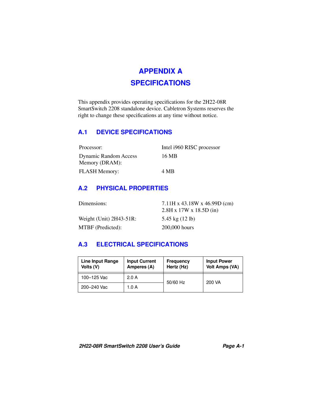 Cabletron Systems 2208 manual Device Specifications, Physical Properties, Electrical Specifications 