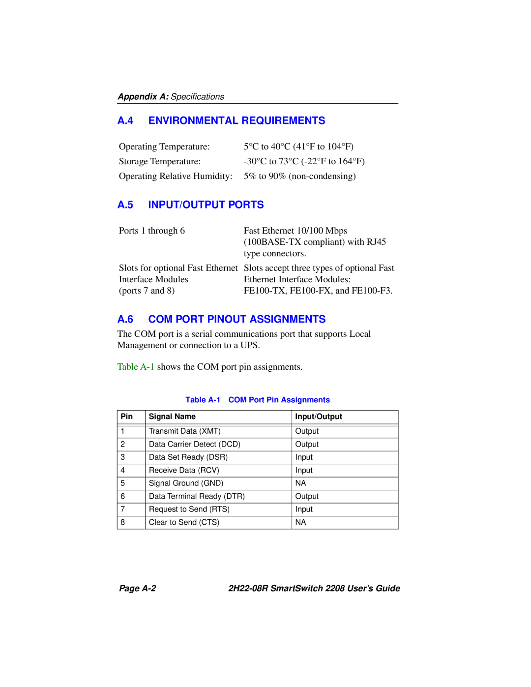 Cabletron Systems 2208 manual Environmental Requirements, INPUT/OUTPUT Ports, COM Port Pinout Assignments 