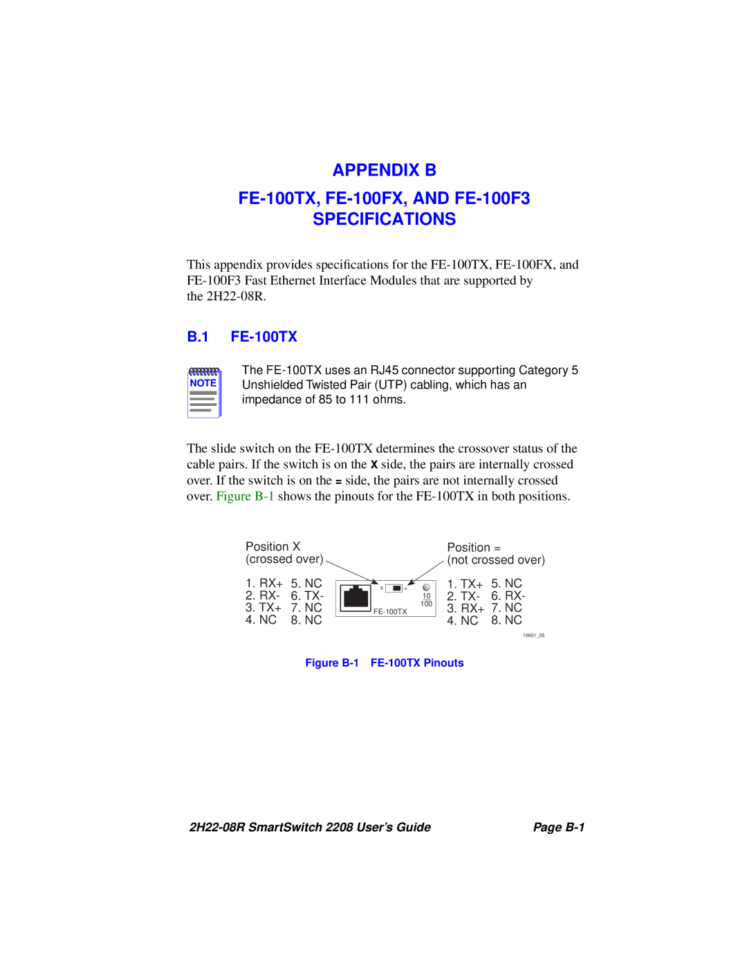 Cabletron Systems 2208 manual Figure B-1 FE-100TX Pinouts 