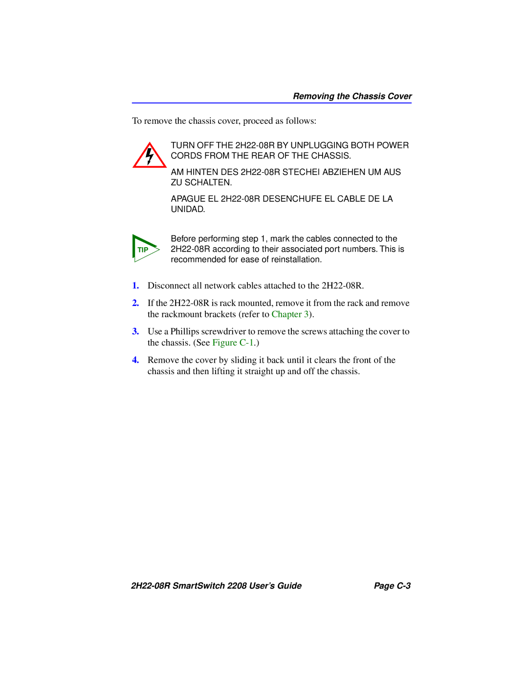 Cabletron Systems 2208 manual To remove the chassis cover, proceed as follows 