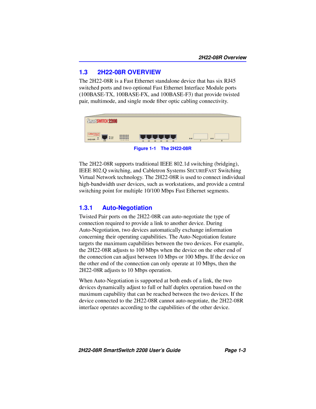 Cabletron Systems 2208 manual 2H22-08R Overview, Auto-Negotiation 