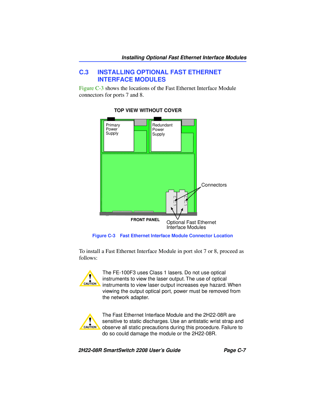 Cabletron Systems 2208 manual Installing Optional Fast Ethernet Interface Modules, TOP View Without Cover 