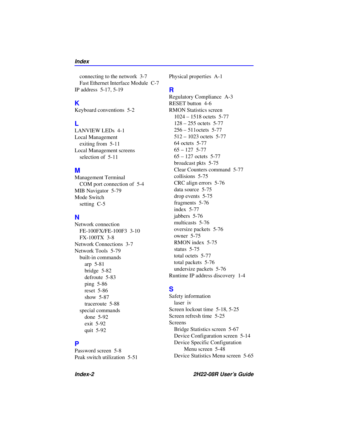 Cabletron Systems 2208 manual Index-2 2H22-08R User’s Guide 