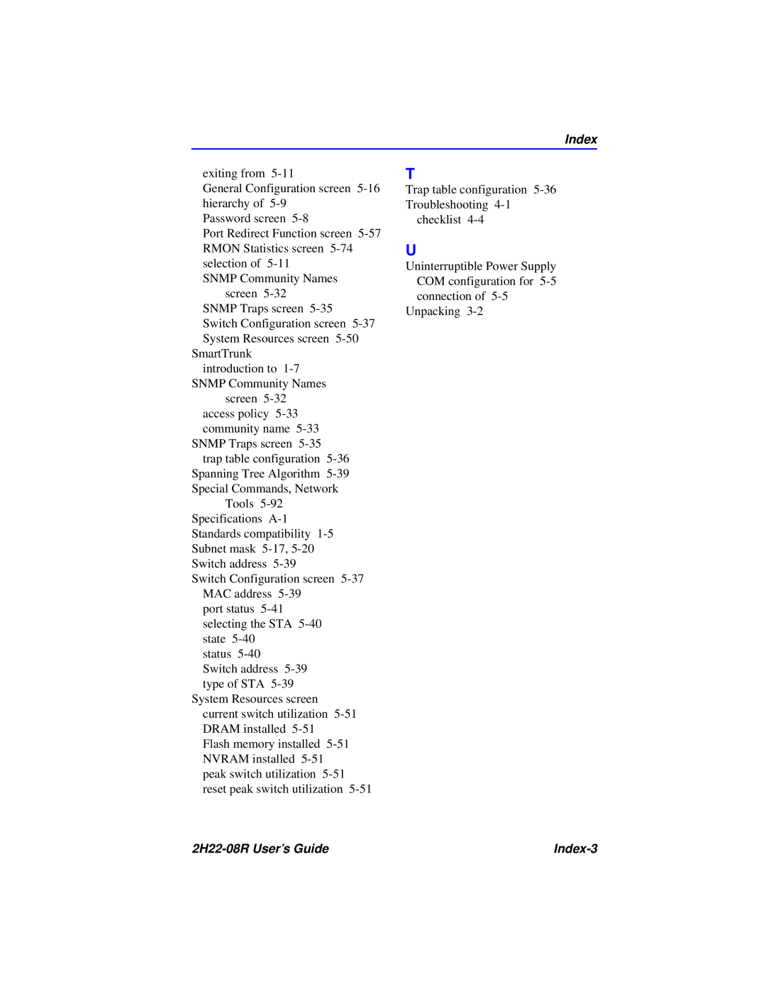 Cabletron Systems 2208 manual 2H22-08R User’s Guide Index-3 