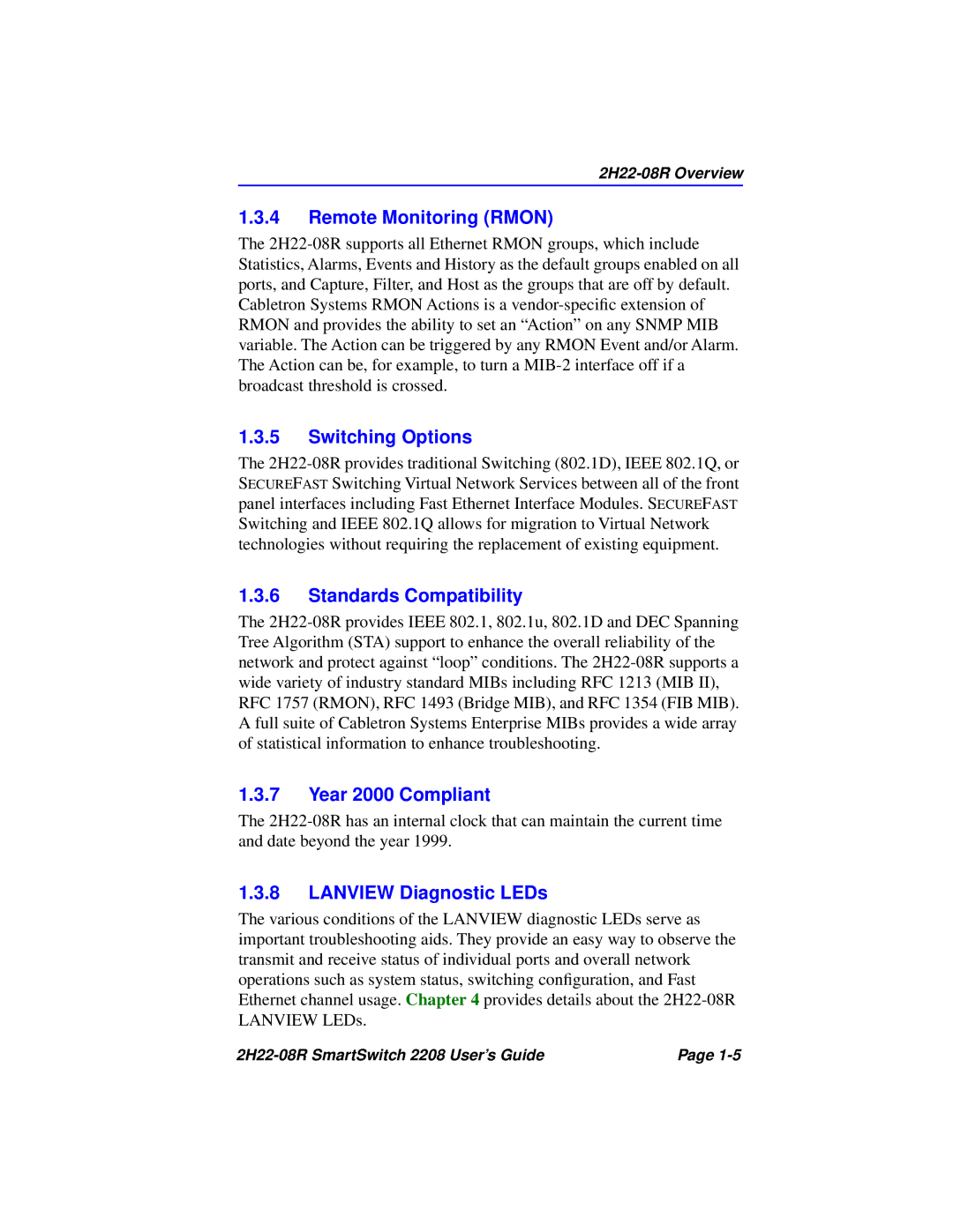 Cabletron Systems 2208 manual Remote Monitoring Rmon, Switching Options, Standards Compatibility, Year 2000 Compliant 