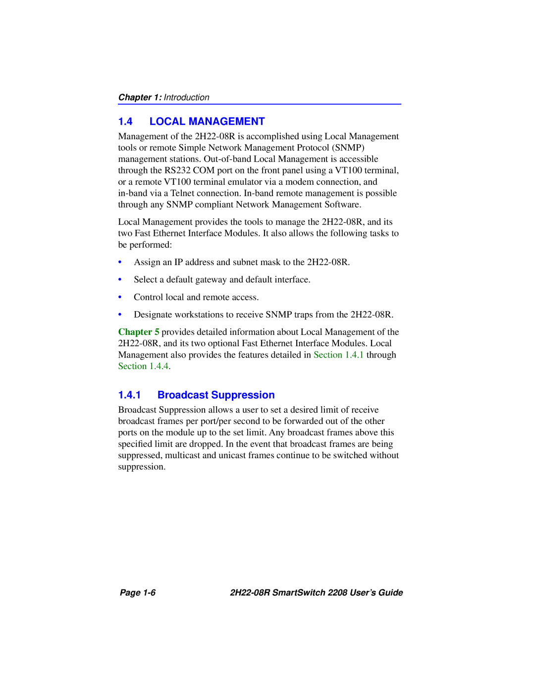 Cabletron Systems 2208 manual Local Management, Broadcast Suppression 