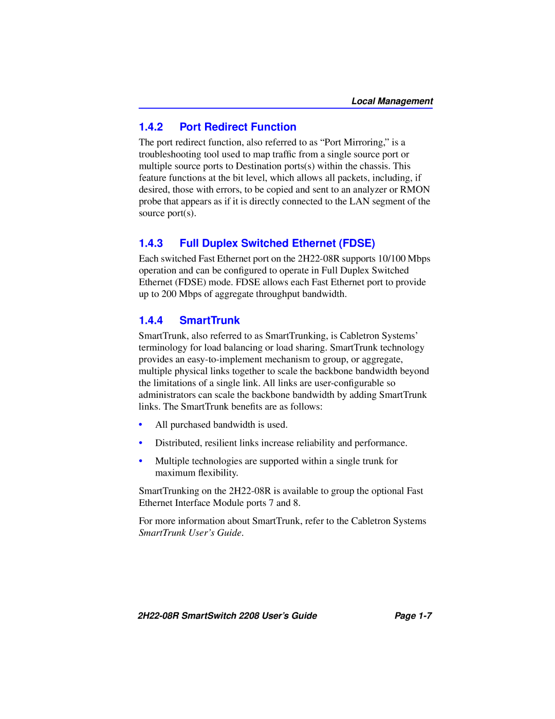 Cabletron Systems 2208 manual Port Redirect Function, Full Duplex Switched Ethernet Fdse, SmartTrunk 