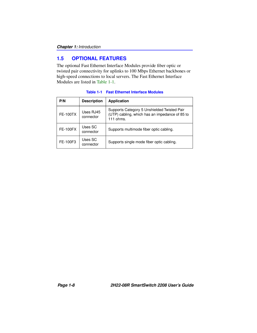 Cabletron Systems 2208 manual Optional Features, Fast Ethernet Interface Modules 