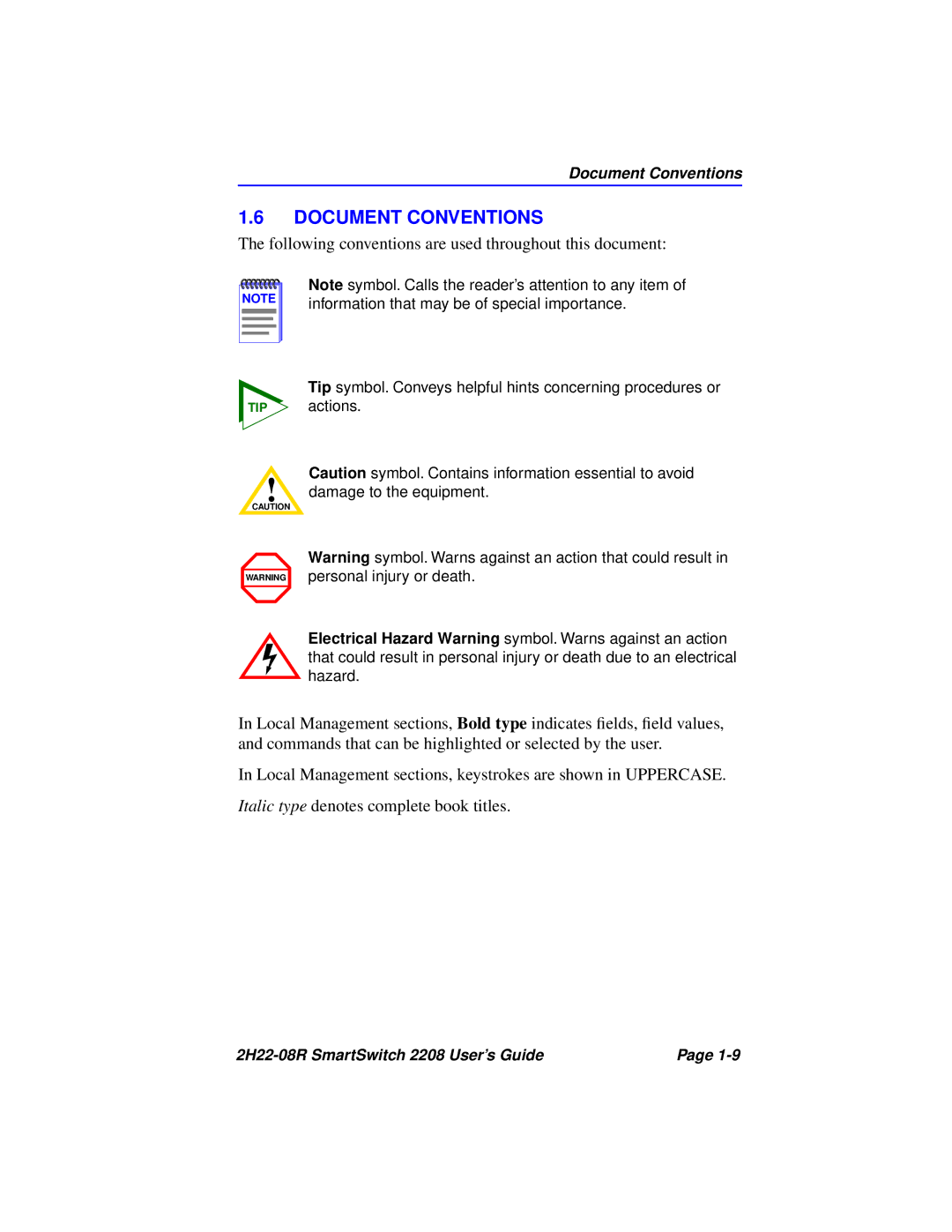 Cabletron Systems 2208 manual Document Conventions, Following conventions are used throughout this document 