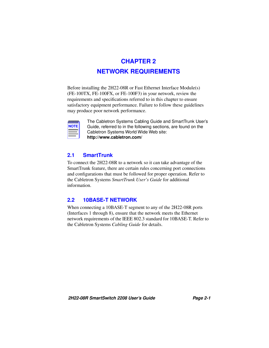 Cabletron Systems 2208 manual Chapter Network Requirements, 10BASE-T Network 